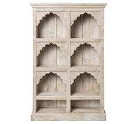 Bibliothèque Rinara à arcs en plein cintre, bois massif blanc, 160 cm | La bibliothèque Rinara est en bois massif. Arcs en plein cintre et ornements sculptés à la main bordent ses niches ouvertes.