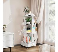 Bibliothèque Rotative 3 Niveaux, Étagère Tournante 360° Mobile avec 4 Roues Frein, 12 Compartiments avec Butée et 1 Tiroir, Meuble de Rangement pour Salon Bureau Chambre, Blanc, 40x40x113cm