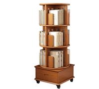 Bibliothèque rotative à 5 niveaux en bois massif avec affichage à 360°, organiseur d'angle étroit sur roulettes, 1 tiroir, finition noyer élégante pour les petits espaces