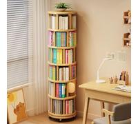 Bibliothèque Rotative à 6 Niveaux 360°, Étagère Tournante en Bois avec roulettes Étagère d'angle Convient aux étagères des écoles Étroite pour Petits Espaces(Wood Color)