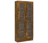 Bibliothèque rustique en chêne avec portes en verre - Unité de rangement CD sur pied et buffet pour salon et bureau à domicile, 186 cm de hauteur