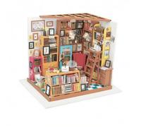 Bibliothèque Sam Avec Lumière- Kit En Bois 22,5 X 18,5 X 19 Cm . Montage Estimé 20 H - Nombreux Accessoires (Étagères, Livres, Chaise, Échelle...), Éclairage + Outillage (Colle, Pinceaux) Inclus Robo