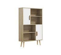 HOMCOM Bibliothèque scandinave 4 niches + 2 placards avec étagère dim. 80L x 24l x 123H cm Pieds effilés inclinés Bois Massif Chêne