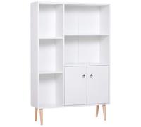 Bibliothèque scandinave dim. 80L x 23,5l x 123H cm 5 niches placard 2 portes pieds effilés inclinés bois massif panneaux particules blanc