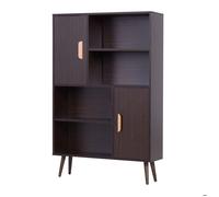 Bibliothèque scandinave - HOMCOM - 4 niches 2 placards avec étagère pieds bois massif - bois - 80x24x123cm - wengé