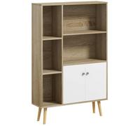 HomCom Bibliothèque scandinave 80x23,5x123 cm – 5 niches, 2 portes, pieds effilés en chêne massif