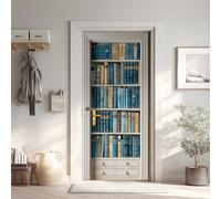 Bibliothèque Sticker Mural, Moderne Autocollants De Porte Muraux Décoration Poster Murale, Bleu Blanc Stickers de Porte Imperméable Vinyle 80x200 cm