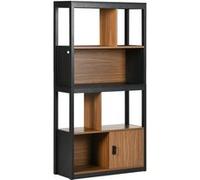 Bibliothèque style industriel 2 étagères 2 niches 1 porte panneaux particules MDF aspect bois veinage noir Marron G