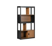 Bibliothèque style industriel 2 étagères 2 niches 1 porte panneaux particules MDF aspect bois veinage noir Marron G