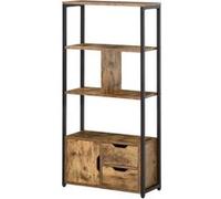 Bibliothèque style industriel 3 étagères placard porte 2 tiroirs panneaux particules aspect vieux bois acier noir Marron G