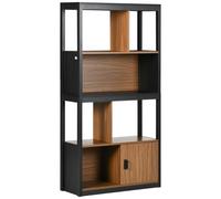 Bibliothèque Style Industriel Étagères Niches Porte Aspect Bois Noir Marron