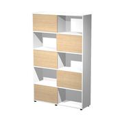 Bibliothèque Svenja 10 cases avec 5 portes coulissantes - L. 120 x H. 190 cm - Blanc avec 5 portes Chêne