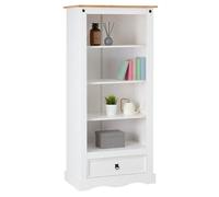 Bibliothèque TEQUILA étagère en bois style mexicain avec 3 tablettes et 1 tiroir, en pin massif lasuré blanc et brun