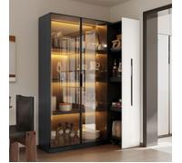 Bibliothèque vitrine 110,5x35x160 cm - FloraGrace avec LED chaude et module coulissant, porte en verre et roulettes - Blanc VITRINE
