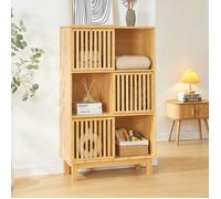 [en.casa] Bibliothèque Style Scandinave avec 3 Portes Coulissantes 6 Compartiments de Rangement Étagère Autoportante pour Salon Chambre Bambou 126 x 76 x 33 cm Naturel