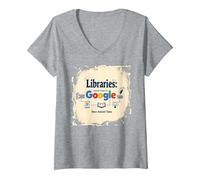 Bibliothèques : Rendre Google Possible Depuis l'Antiquité T-Shirt avec Col en V, Femme, Gris Chiné, XXL