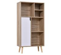 Biblliothèque étagère scandinave 5 niches porte dim. 60L x 30l x 121H cm pieds effilés bois pin panneaux particules chêne clair