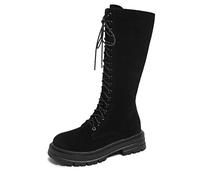 BIBOKAOKE Bottes hautes pour femme - Semelle extérieure antidérapante - Élégantes et pratiques - Bottes d'hiver classiques à lacets pour femme avec semelle compensée - Chaussures plates modernes, Noir