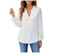 BIBOKAOKE Chemisier en mousseline pour femme - Manches longues - Col en V - Chemisier festif - Décontracté - Dentelle - Chemisier long élégant - Chemisier traditionnel - Chemisier décontracté