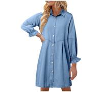 BIBOKAOKE Robe pour femme en denim délavé avec boutonnière - Robe chemise décontractée mi-longue avec manches bouffantes - Robe en jean décontractée et élégante pour le shopping et le w nd, Style