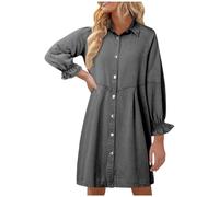 BIBOKAOKE Robe pour femme en denim délavé avec boutonnière - Robe chemise décontractée mi-longue avec manches bouffantes - Robe en jean décontractée et élégante pour le shopping et le w nd, Style
