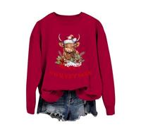 BIBOKAOKE Sweat-shirt de Noël pour femmes Western imprimé motif vache des Highlands impression style vacances pull pour les amateurs de vie rurale mode décontractée manches longues pull de Noël, rouge