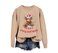 BIBOKAOKE Sweat-shirt de Noël pour femmes Western imprimé motif vache des Highlands impression style vacances pull pour les amateurs de vie rurale mode décontractée manches longues pull de Noël, kaki