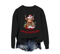 BIBOKAOKE Sweat-shirt de Noël pour femmes Western imprimé motif vache des Highlands impression style vacances pull pour les amateurs de vie rurale mode décontractée manches longues pull de Noël, Noir