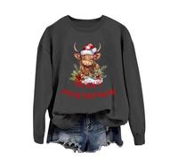 BIBOKAOKE Sweat-shirt de Noël pour femmes Western imprimé motif vache des Highlands impression style vacances pull pour les amateurs de vie rurale mode décontractée manches longues pull de Noël, gris