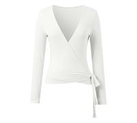 BIBOKAOKE T-shirt à manches longues pour femme avec col en V profond - Haut enveloppant moulant avec détail nœud latéral | Haut sportif élégant pour l'entraînement de yoga et les looks décontractés