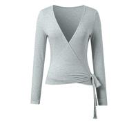 BIBOKAOKE T-shirt à manches longues pour femme avec col en V profond - Haut enveloppant moulant avec détail nœud latéral | Haut sportif élégant pour l'entraînement de yoga et les looks décontractés