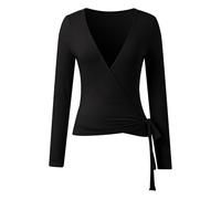 BIBOKAOKE T-shirt à manches longues pour femme avec col en V profond - Haut enveloppant moulant avec détail nœud latéral | Haut sportif élégant pour l'entraînement de yoga et les looks décontractés