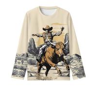 BIBOKAOKE T-shirt à manches longues pour garçon avec motif western - T-shirt cool pour garçon avec cowboy sur taureau et paysage du désert | Haut de loisirs décontracté pour l'aventure et le quotidien