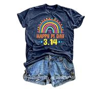 BIBOKAOKE T-shirt pour femme avec motif Pi-Day - T-shirt à manches courtes avec motif arc-en-ciel coloré et imprimé « Happy Pi Day 3.14 » | Haut décontracté pour les fans de mathématiques et les