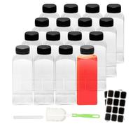 BiBOTLSFLY Lot de 16 bouteilles de jus de 350 ml en plastique avec couvercles noirs, récipients réutilisables pour stocker des jus, lait, smoothie et autres boissons faites maison