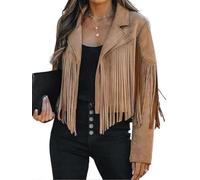 Bibowa Vestes en similicuir suédé pour femmes - Veste western tendance d'automne avec franges, courte, à franges, 2025, avec glands, veste de moto courte, kaki foncé, S