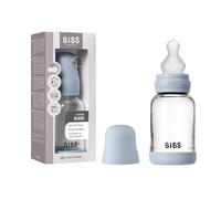 BIBS Baby Glass Bottle. 120ml Biberon en verre. Anti-colique. Embout rond en Silicone Favorise l’allaitement naturel, 120ml, Complete Set - Baby Blue