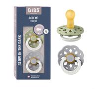 BIBS Boheme Glow Lot de 2 tétines, Téterelle ronde. Latex de caoutchouc naturel, Taille 1 (0-6 mois), Sage Glow / Cloud Glow