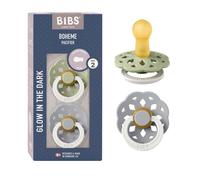BIBS Boheme Glow Lot de 2 tétines, Téterelle ronde. Latex de caoutchouc naturel, Taille 2 (6-18 mois), Sage Glow / Cloud Glow