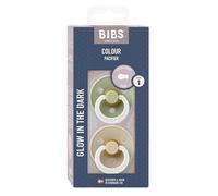 BIBS Colour Glow Lot de 2 tétines phosphorescentes dans le noir en caoutchouc naturel/latex sans BPA Fabriquées au Danemark Taille 2 (0-6 mois) Sage Glow/Vanilla Glow