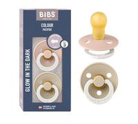 Tétine BIBS Colour Glow. Lot de 2 sucettes. Brillent dans le noir. Sans bisphénol A, Téterelle ronde. Latex de caoutchouc naturel. 12+ Mois (Lot de 2), Blush NIGHT/Vanilla NIGHT