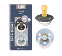 BIBS Colour GLOW Tétine, 6-18 mois, lot de 2, Iron GLOW/Baby Blue GLOW | Sucette ronde | Latex de caoutchouc naturel | Taille 2 | Sans BPA | Fabriqué au Danemark | Anneau lumineux |Haute acceptation