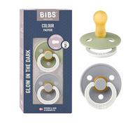 BIBS Colour GLOW Tétine, 6-18 mois, lot de 2, Sage GLOW/Cloud GLOW | Tétine ronde | Latex de caoutchouc naturel | Taille 2 | Sans BPA | Fabriqué au Danemark | Anneau lumineux | Haute acceptation