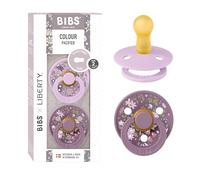 BIBS Colour Liberty Tétine. Lot de 2 sucettes. téterelle ronde en latex naturel, sans bisphénol A, Fabriqué au Danemark, Taille 2 (6-18 mois), Chamomile Lawn Violet Sky