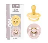 BIBS Colour Pacifier Lot de 2 tétines rondes sans BPA en latex de caoutchouc naturel, fabriquées au Danemark, taille 2 (6-18 mois), beurre pâle/pétale