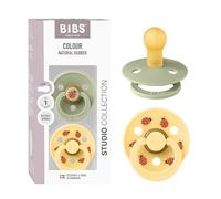 BIBS Colour Studio Tétine, 0-6 mois, lot de 2, Ladybug Mix Sage/Pale Butter | Tétine ronde | Latex de caoutchouc naturel | Taille 1 | Sans BPA | Fabriqué au Danemark | Haute acceptation
