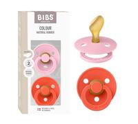 BIBS Colour Sucette, 6-18 mois, lot de 2, Baby Pink/Tango | Tétine anatomique | Caoutchouc naturel | Taille 2 | Sans BPA | Haute acceptation de la tétine | Trous d’aération