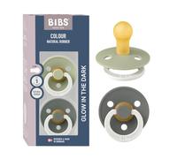 BIBS Colour Sucette Glow, 0-6 mois, lot de 2, téterelle ronde, Sage/Pine | Latex de caoutchouc naturel | Taille 1 | Sans BPA | Anneau phosphorescent | Haute acceptation de la tétine | Trous d’aération