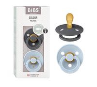 BIBS Colour Symmetrical, Lot de 2 sucettes, sans bisphénol A, Téterelle symétrique. Latex de caoutchouc naturel, Fabriqué au Danemark. Taille 1 (0-6 mois), Iron/Baby Blue