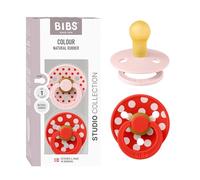 BIBS Colour Tétine, 0-6 mois, lot de 2, Polka Mix Blossom/Candy Apple | Sucette ronde | Latex de caoutchouc naturel | Taille 1 | Sans BPA | Fabriqué au Danemark | Haute acceptation